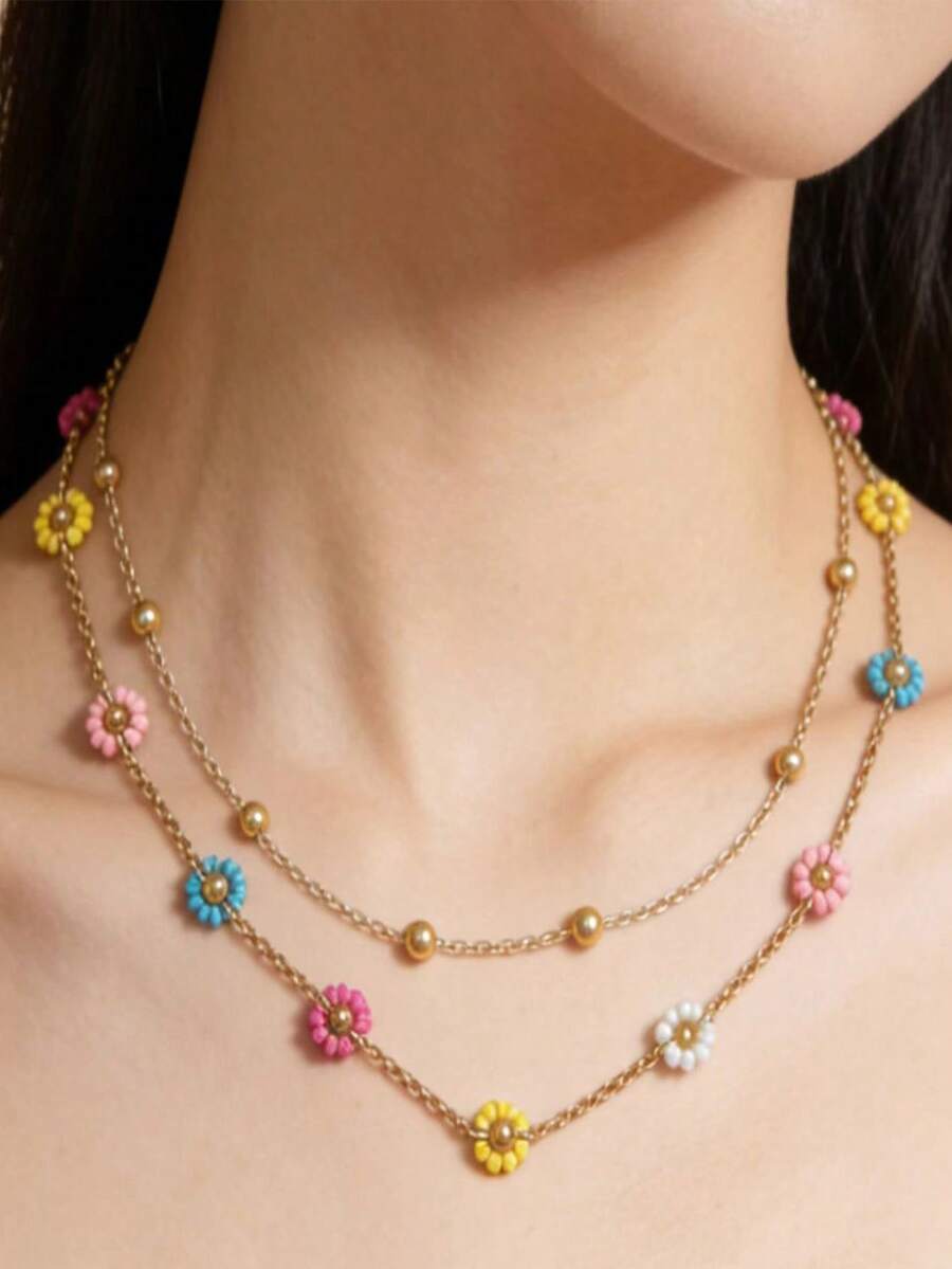 1 pieza Collar floral de nicho, adecuado para que las niñas lo usen en sesiones de fotos, check-ins, fiestas de noche - Dorado - Ver 1