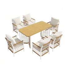 Modern Garden Set, Relaxation And Meeting Set For Several People, Iron Frame, Braided Armrests, Seat Cushions Included. - Beige - View 9