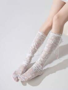 1 đôi tất cao đến đầu gối màu đen/trắng, kiểu dáng mới mùa xuân/hè, với họa tiết ren hoa rỗng, nơ ngọc trai và ruy băng. - Nhiều màu - Xem 6