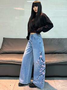 1件女士休闲刺绣宽松直筒牛仔裤，舒适百搭的街头时尚四季裤装（不含腰带/配饰） - 藍色 - 查看 7