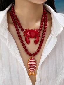 1pc Red Beaded Crab & Fish Pendant Necklace - Bold Ocean Style Statement Necklace With Marine Life Pendant - Beach Vacation Jewelry For Women - Multicolor - View 9