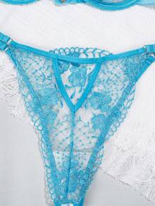 女士性感内衣套装，包括胸衣、吊袜带和花卉刺绣文胸及内裤两件套 - 淺藍色 - 查看 5