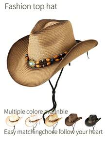1pc Western Cowboy Hat, Bohemian Beaded Bowknot Teardrop Painted Windproof Rope Design Woven Panama Hat, Versatile For Various Occasions Like Parties, Western Themed Events, Graduation, Masquerade, Festivals, Birthdays, Photography, Hiking, Suitable For Men,Summer,Beach,Holiday - Top Hat - View 1