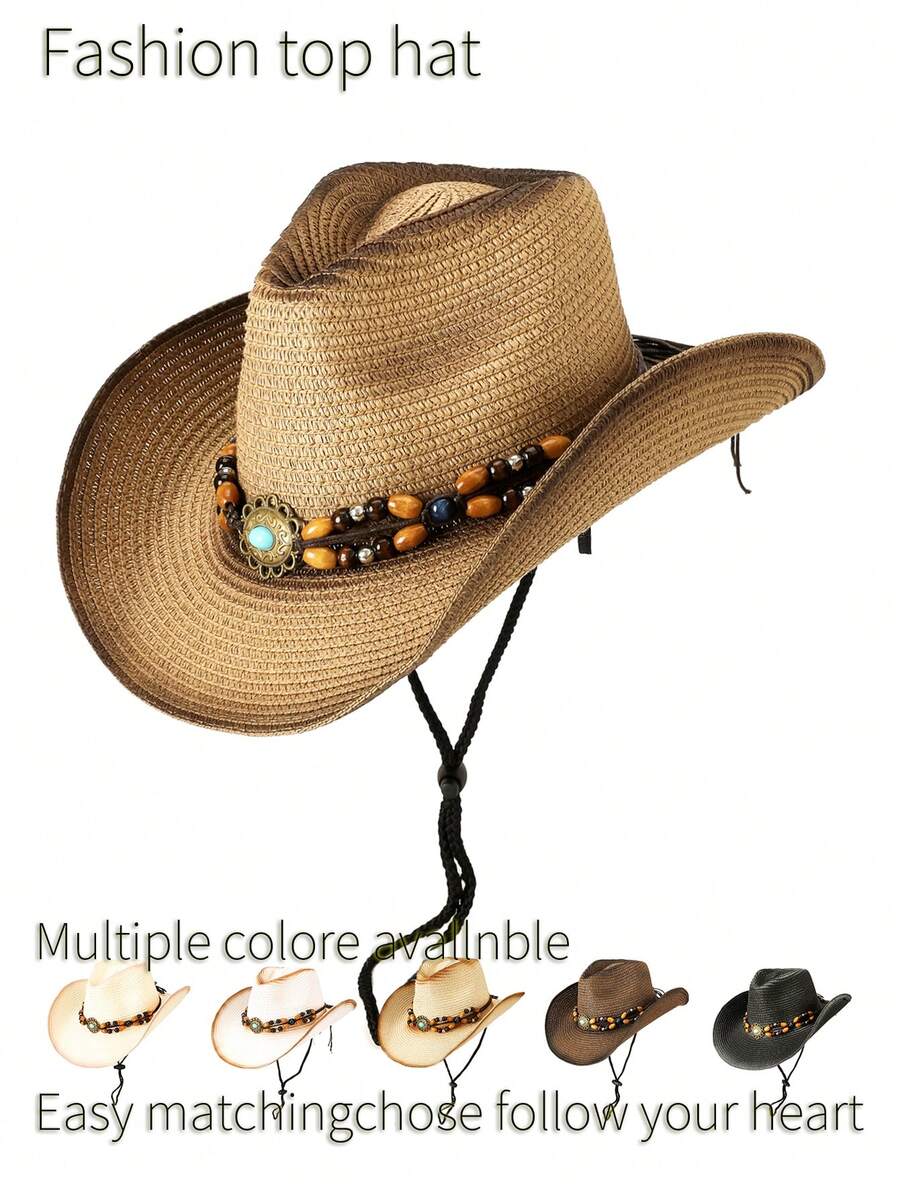 1pc Western Cowboy Hat, Bohemian Beaded Bowknot Teardrop Painted Windproof Rope Design Woven Panama Hat, Versatile For Various Occasions Like Parties, Western Themed Events, Graduation, Masquerade, Festivals, Birthdays, Photography, Hiking, Suitable For Men,Summer,Beach,Holiday - Top Hat - View 1