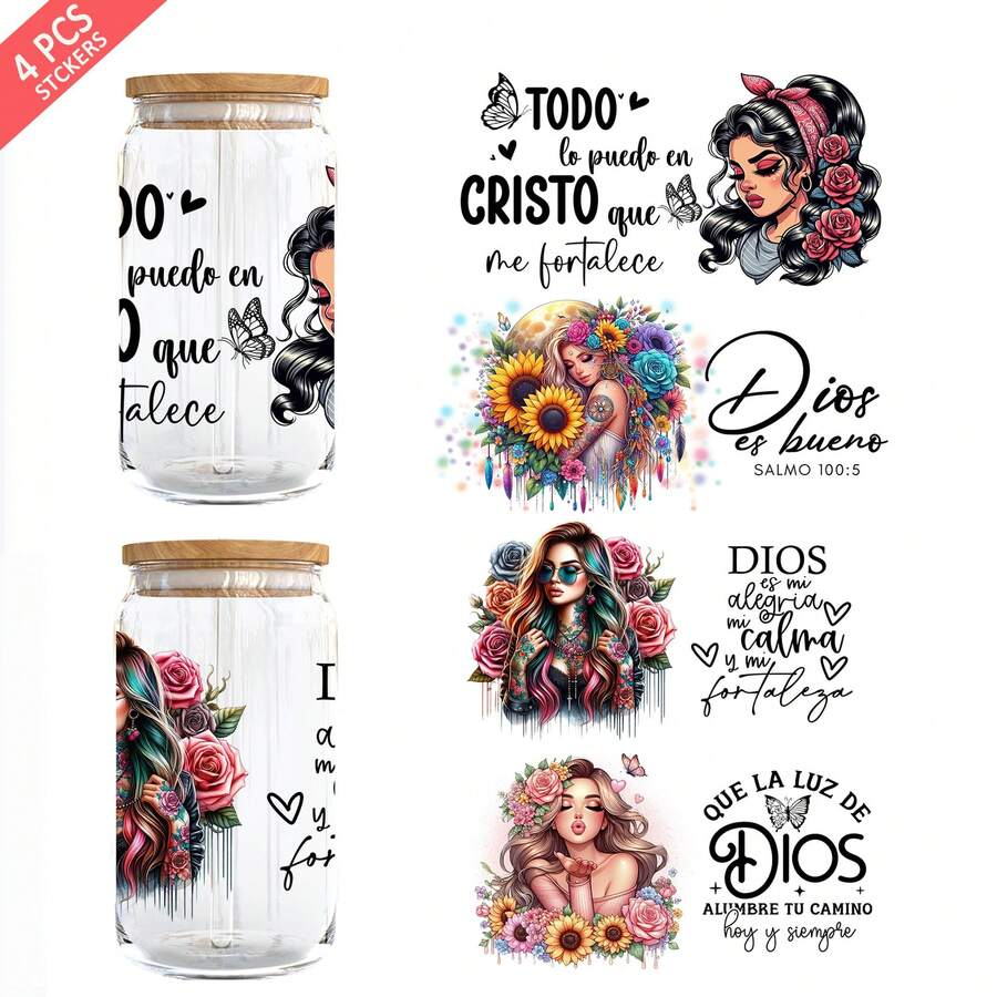 Set de 4 envolturas para tazas con diseños cristianos españoles UV DTF (9.4x4.3in), con versículos bíblicos, mariposas y flores, citas de fe de mujeres latinas para tazas de vidrio de 16oz, calcomanías de transferencia a prueba de agua para manualidades y regalos religiosos - Biblia SP 01 - Ver 1