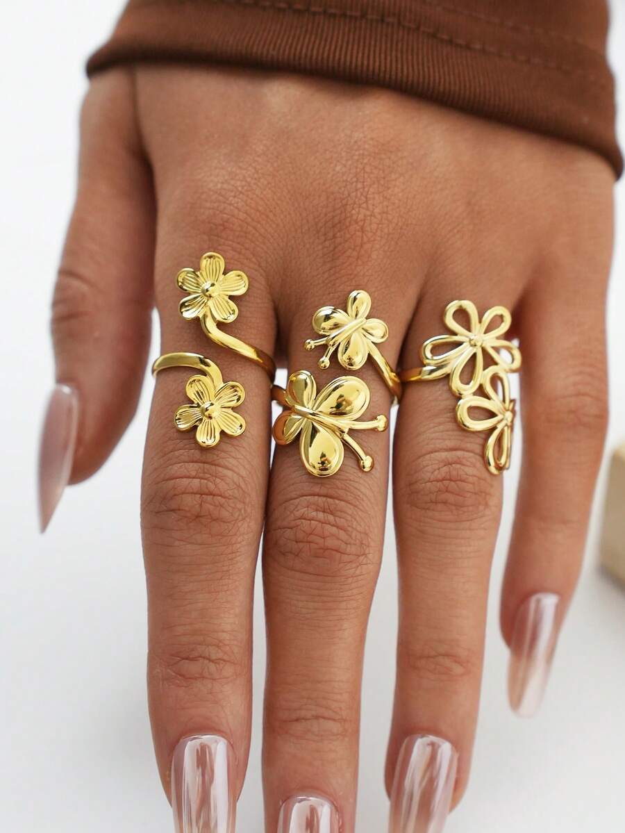 Bộ 3 nhẫn thép không gỉ mạ vàng 18K, hình hoa bướm nở, có thể đeo chồng lên nhau, kiểu dáng hoa cúc rỗng đơn giản, chống nước và không gây dị ứng, có thể điều chỉnh kích cỡ, phù hợp để đeo hàng ngày, đi nghỉ mát, hẹn hò, là món quà hoàn hảo cho bạn gái, con gái, phù dâu. - Nhiều màu - Xem 1
