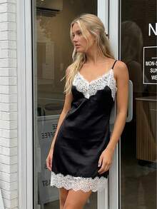Women's Satin Silk Lace Trim Camisole Mini Dresses Summer Fashionable Sleeveless Spaghetti Strap V Neck Lace Hem Cami Dress Daily Party Beach Travel Clubwear - 黑色 - 查看 3