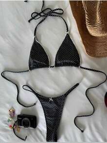 Solid Color Elegant Beaded Detail Halter Bikini Set For Beach Vacation Black Summer - Black - View 2