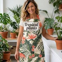 1 pieza Delantal extra largo impreso, tela tejida a cuadros, resistente al agua y al aceite, con estampado de plantas tropicales, delantal para el hogar, cocina, hornear y quehaceres domésticos - A - Ver 6