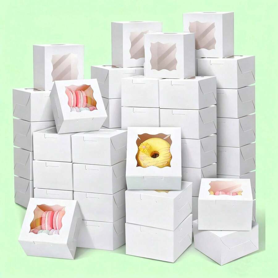 Mini Cajas Con Ventana Para Pasteles Donas Regalos Pan 50 Pz - Blanco - Ver 1