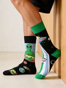 1 Pair Unisex Alien Pattern Mid-Calf Socks, Four Seasons Style, Fall - Multicolor - View 2