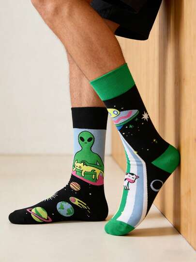 1 Pair Unisex Alien Pattern Mid-Calf Socks, Four Seasons Style, Fall