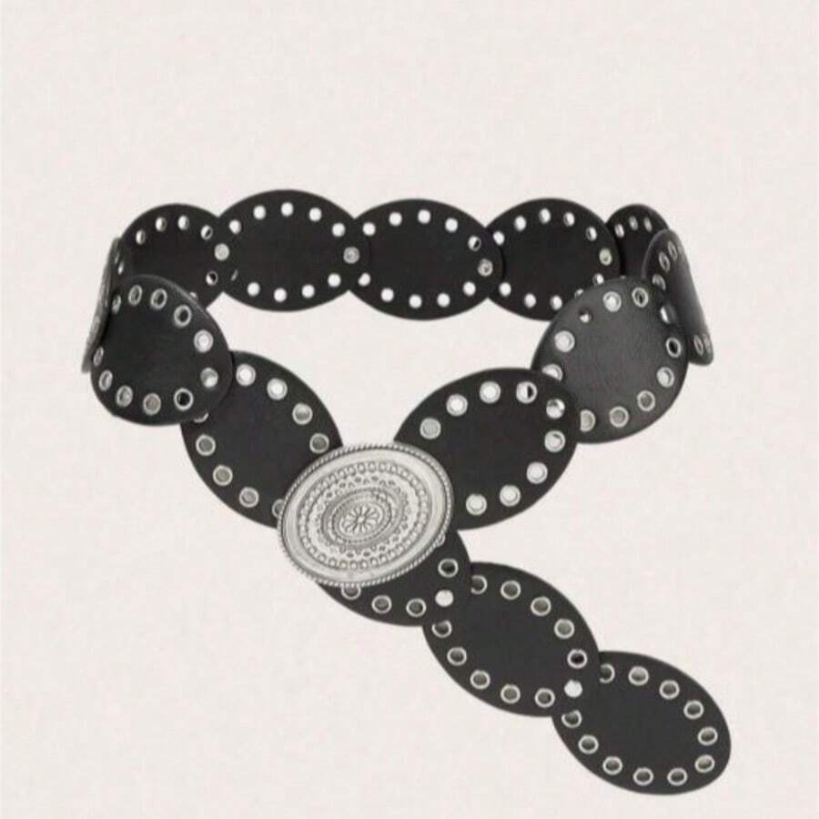 1pc Western Cowgirl Style Bohemian Women's Belt, Western Accessory, Bohemian Fashion Accessory, Vintage Black Metal Rivet Oval Belt, Dress Accessory, Suitable For Party, Beach, Music Festival, Plus Size Available - Black - View 1