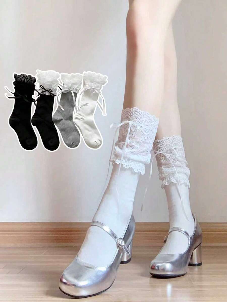 1/2/4 双装 女士蕾丝荷叶边蝴蝶结芭蕾舞风格多功能船袜 - 彩色 - 查看 1