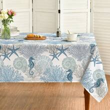 Rectangular Summer Tablecloth, Ocean Creature Blue Beach Washable Tablecloth, Suitable For Party, Picnic, Dinner Decoration - Baby Blue - View 6