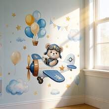 Cartoon Bear Flying Plane With Stars And Clouds Wall Decal Sticker For Kids Bedroom And Living Room Home Decor - Multicolor - View 6
