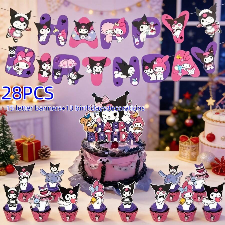 SANRIO 28件組多功能派對禮品套組-(復古生日裝飾DIY派對用品+生日拉旗),適用於各種生日慶典、嘉年華派對氛圍裝飾,適合送給家人與朋友的萬聖節、聖誕節、情人節及其他節日完美禮物 - A - 查看 1