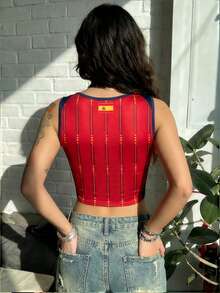 女士休闲西班牙网眼针织圆领镂空不对称修身背心，适合春夏穿着，Blokette Blokecore Remake，2026世界杯 - 紅色 - 查看 7