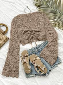 女士夏季沙滩度假镂空钩编系带长袖罩衫，百搭时尚甜美罩衫 - 卡其色 - 查看 3