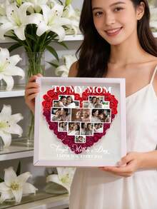 1pc Custom Photos & Text Heart Photo Collage Frame – Personalized Rose Flower Mom Photo Flower Shadow Box Frame With Custom Family Photos & Text | Heartfelt Mother'S Day Gift For Moms | Home Wall & Desk Decor - Multicolor - View 6