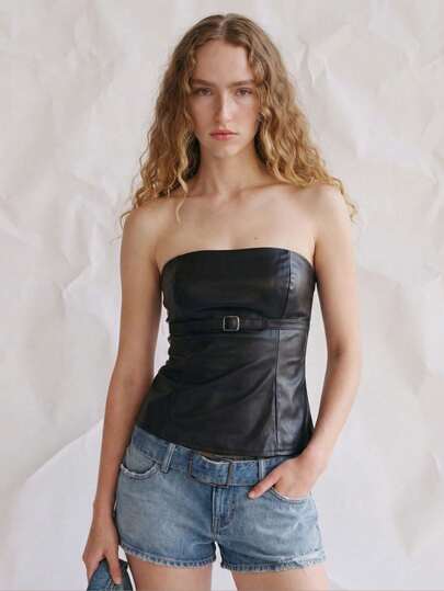 OUTTA BOX Top de lujo negro elegante para fiestas de verano, vestido de invitada de boda y graduación, camisa social de piel sintética sexy, top casual de estilo Y2K para el Día de la Madre