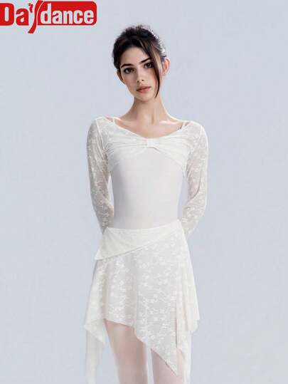 Daydance Woman Dance Tops Adult Lace Pleated Cover Long Sleeves Shirt Top Dance Outfit For Dancing Adult Teen Gymnastic Yoga Training Clothes(You Can Choose One Size Larger According To Your Body Shape)