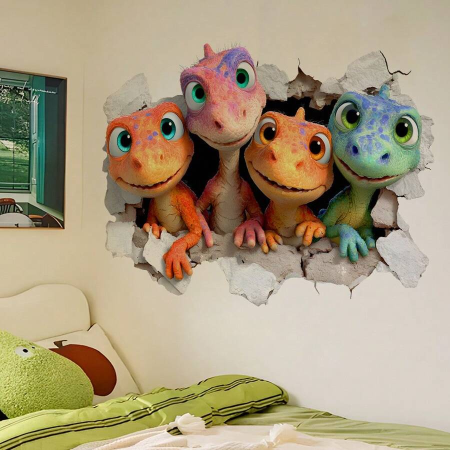 1pc Cute Dinosaur Wall Sticker, Breakout Dragon, Colorful Dinosaur Combination, Self-Adhesive Easy To Apply, Decorate Children's Room With Lively Atmosphere - Multicolor - View 1