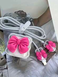 5个玫瑰红3D蝴蝶结波浪纹保护壳，兼容苹果18/20W充电器，兼容 14/13/12数据线 - 彩色 - 查看 2