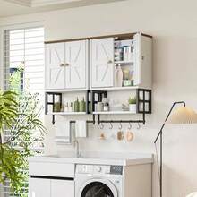 3-Tier Wall Mounted Medicine Cabinet, Adjustable Shelves Storage Organizer With Towel Bar & 5 Hooks, For Small Bathroom, Laundry Room, Over Toilet, Living Room, Bedroom (White) - White - View 2