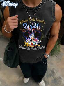 Disney Family Vacation 2026 Officially Licensed Men's Sleeveless Graphic Tee, 100% Cotton 230g Washed Vintage Casual Shirt - màu đen - Xem 3