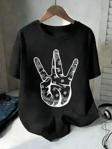 Maglietta con stampa grafica a mano in stile street, autunnale, casual, traspirante, stampa statement - nero - Visualizzare 2
