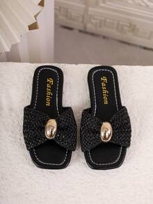 1 par de sandalias deslizantes de estilo francés, tejidas, cómodas y con decoración metálica de punta abierta, adecuadas para la playa, el hogar y el uso al aire libre en verano - Negro - Ver 7