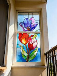 1pc 44.5 X 100cm Floral Colored Glass Window Film, Glueless Window Sticker, Reusable, Comes With Installation Tools, Suitable For Home Decor - B - View 12