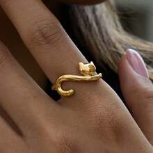 1 Peça Anel de Cachorro Salsicha Único de Moda, Cor de Ouro 18K, Aço Inoxidável com Strass, Anel Impermeável GATO DA SORTE Empilhável - Dourado - Visão 3
