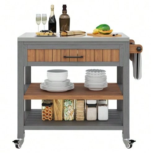 Garden Cabinet With Wheels And Stainless Steel Worktop – Mobile Tool Cabinet With Drawer And Shelf, Weatherproof Sideboard With Double Shelf And Towel Rack, Barbecue Station - Natural Color - View 1