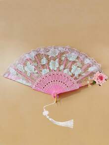 1 pieza Abanico de encaje estilo palacio vintage, abanico plegable elegante y retro con rosa, adecuado para ceremonia del té y sesión de fotos en tonos oscuros - Multicolor - Ver 6