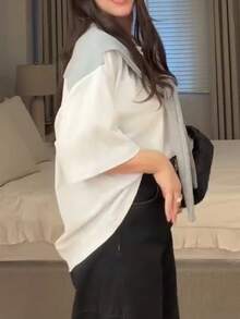 女士休闲拼接披肩领短袖宽松T恤上衣,纯色针织面料,通勤及日常穿着,春夏款 - 白色 - 查看 3