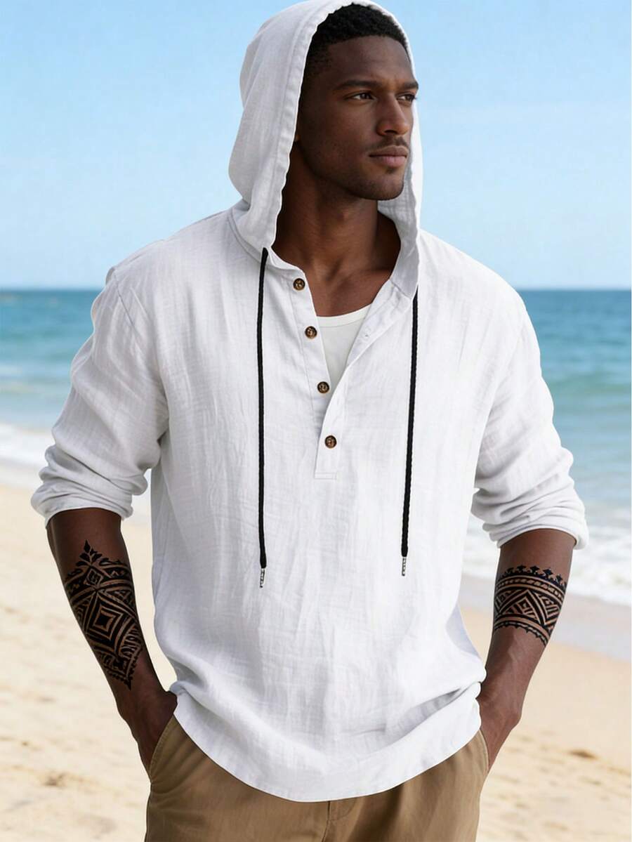 Áo sơ mi Henley nam bằng vải lanh có mũ, tay dài, thoáng khí, cài nút, kiểu dáng thường ngày đa năng và phù hợp cho kỳ nghỉ biển. - trắng - Xem 1
