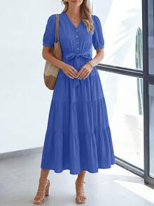 Women's Summer Dresses For Elegant Classy Short Sleeve V Neck Ruffle A Line Belted Long Flowy Beach Vacation Dress Easter Dresses For Women - 藍色 - 查看 5