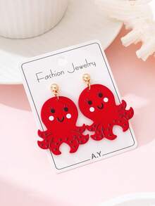 1 Pair Cute Octopus Enamel Faux Soft Pottery Design Fashion Jewelry Earrings, Suitable For Beach Party Wear - Red - View 3