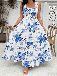 Vestido largo de mujer con tirantes finos y estampado total, estampado bohemio con volante en el bajo, atuendo casual de vacaciones de verano elegante - Azul y blanco - Ver 2