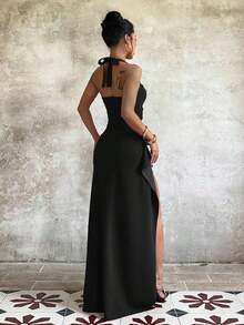 Vestido de fiesta elegante y sexy de unicolor, con diseño de espalda descubierta y abertura asimétrica/alta hasta el muslo, adecuado para bodas, vacaciones en la playa, uso en primavera/verano, color negro - Negro - Ver 2
