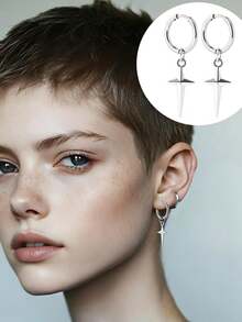 1/5对哥特朋克Y2K情感金属风耳环，星形尖刺链耳环，银合金耳环，男女通用 - 銀色 - 查看 5