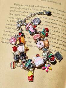 1pc Cute Summer Fruit Cake Floral Charm Bracelet, 3D, Cherry, Cake,, Hamburger, Strawberry Pendant, Adjustable Bead Bracelet, Lovely Friend - 金子 - 查看 9