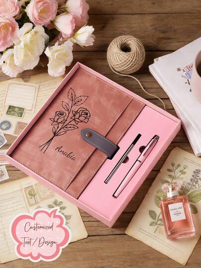 Cuaderno y juego de bolígrafo con flor del mes de nacimiento personalizado, cuaderno de cuero grabado personalizado, 12 diseños florales, caja de regalo de lujo adecuada para cumpleaños, dama de honor, Día de la Madre, Navidad, aniversario, regalos de graduación para damas, madres, esposas, hermanas, amigas