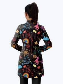 cimmuovere Women's Printed Zip-Up Scrub Jacket With Pockets, Workwear For Nurse, Dentist, Healthcare, Pet Hospital, Laboratory Black Spring - Black - View 2