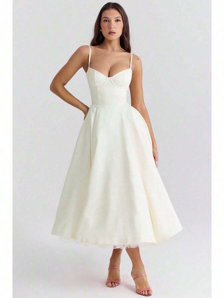 Women's Elegant Double Layered Flowy Dress, Classic Full Skirt A Line Swing Midi Gown, Lightweight Premium Casual Formal Dress, Modest Chic Party Wedding Guest Bridal Shower Evening Daily Outfit S-2XL - 象牙 - 查看 1