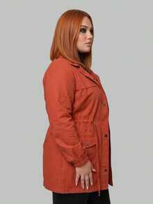 Plus Size Bengaline Jacket, Plus Size Winter Overcoat, Drawstring Cuffs, Fitted Waist, Parka Style - 亮橙色 - 查看 2