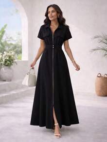 ADD MODA REF AS1962 LONG DRESS WITH BELT AND ZIPPER - 黑色 - 查看 5