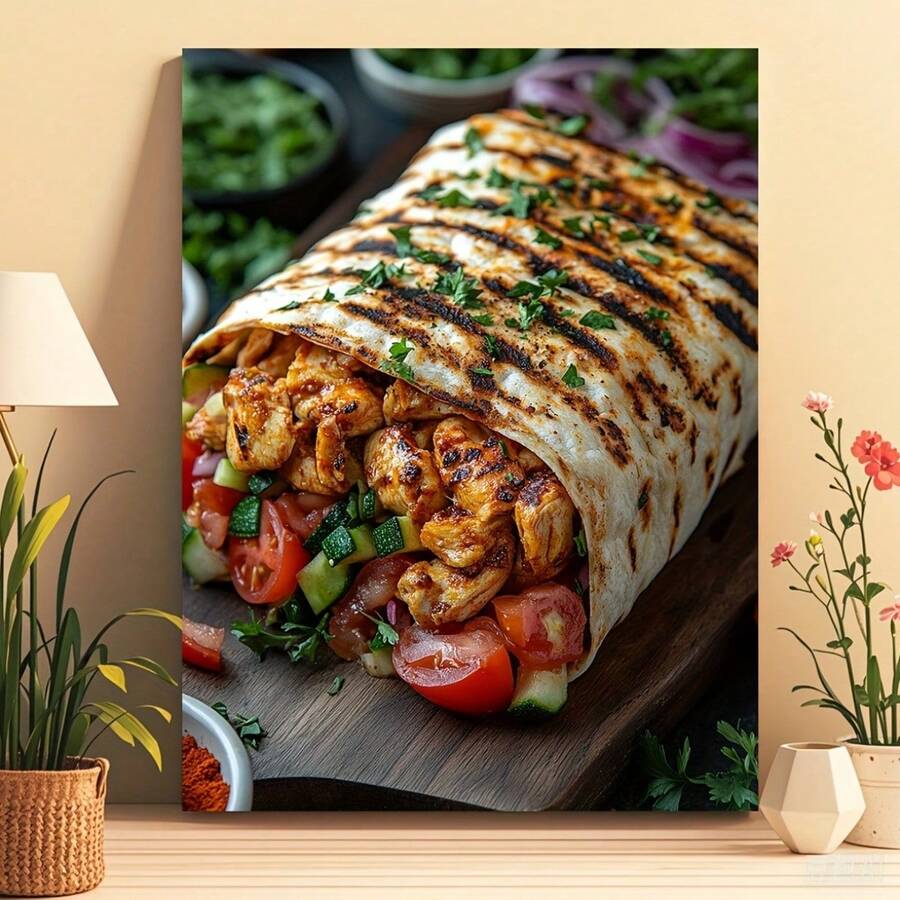 Arte de pared plano 2D, 2D plano, 1 pieza sin marco que mide 30.48X40.64 cm, con una vibrante representación en lienzo de un sándwich shawarma con fotografía hiperrealista de pollo y verduras. Esta decoración sin marco es perfecta para el hogar o la oficina y es un regalo único. - Sin marco - Ver 1